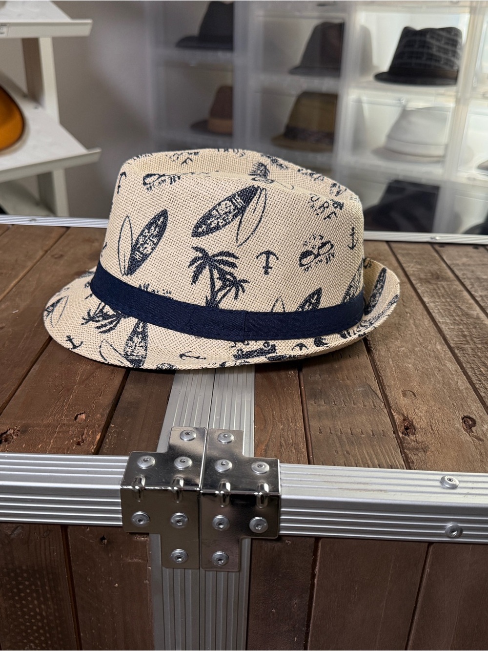 Tropical Surf Beach Print Paper Fedora Hat Navy Cream Size 58
